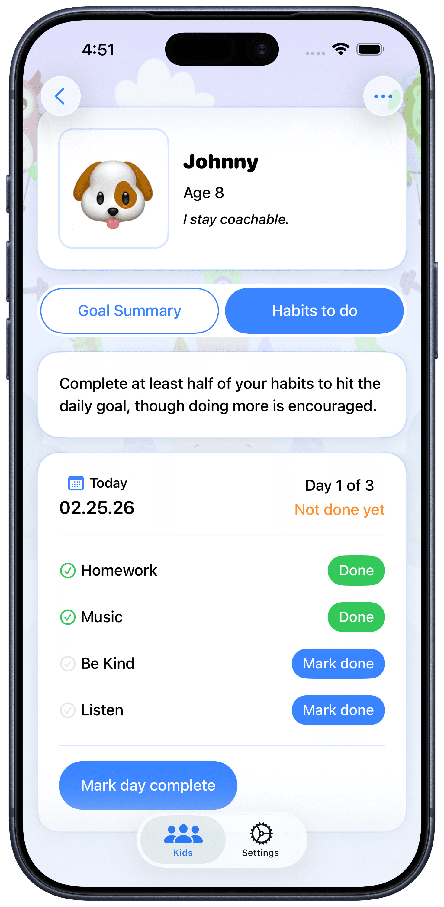 Habizi daily habits tracking screen