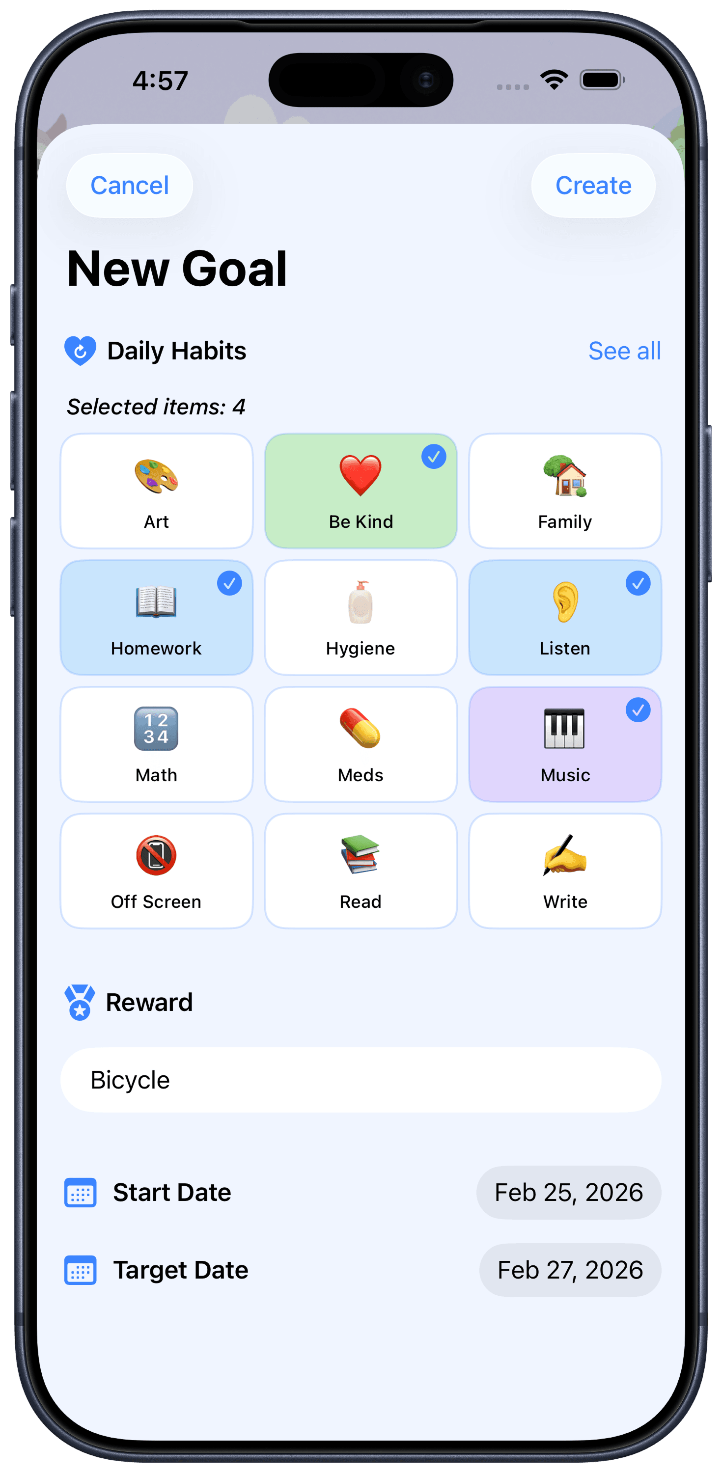 Habizi goals overview screen